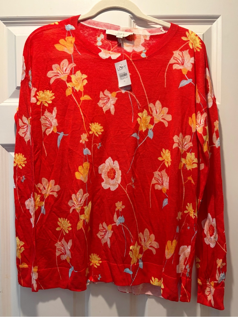 Sheer and lightweight LOFT Bright Red Floral Crewneck Sweater